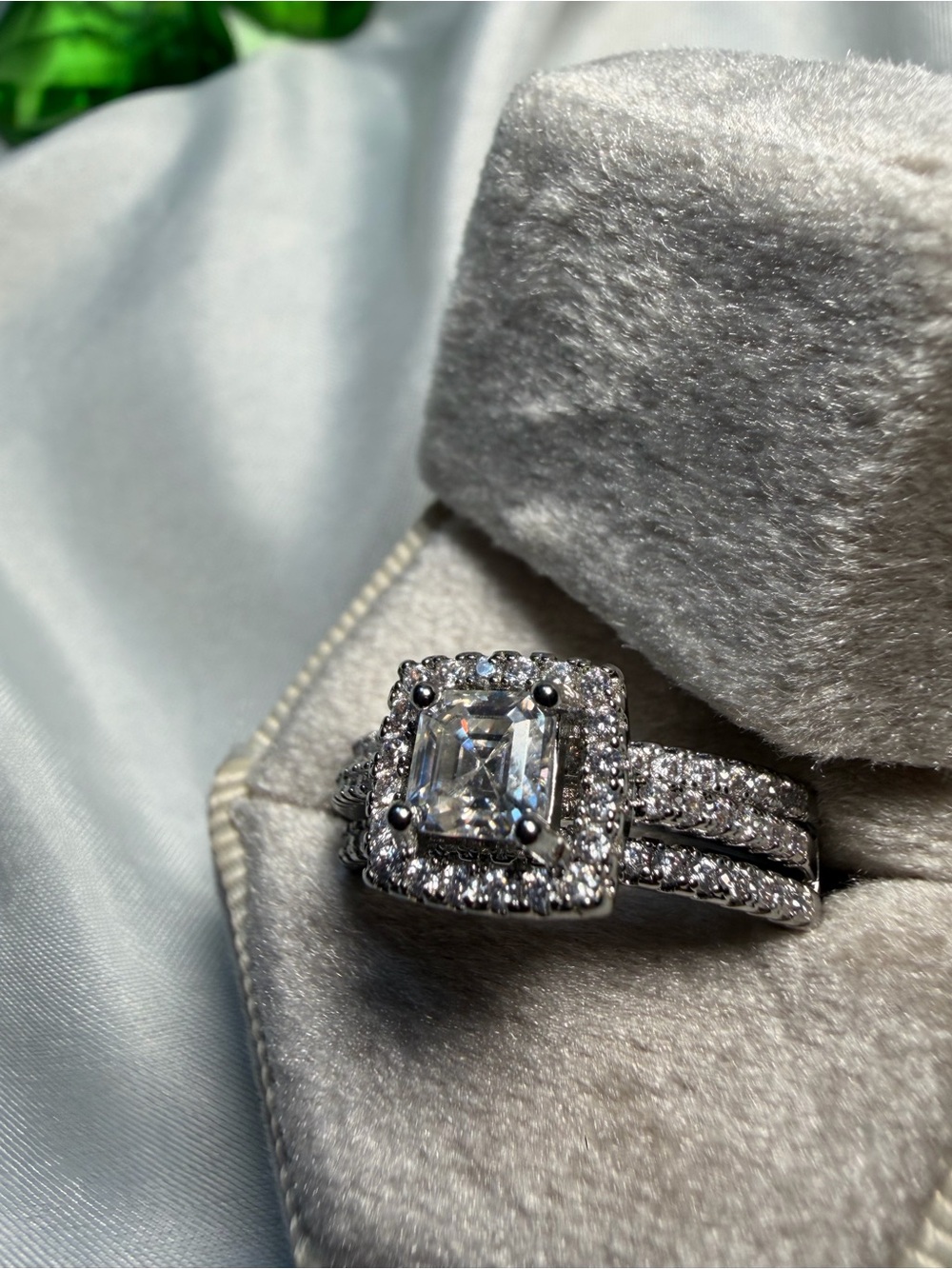 Emerald Cut Moissanite Bridal Set | 2-Piece Halo Ring Set | Size 8